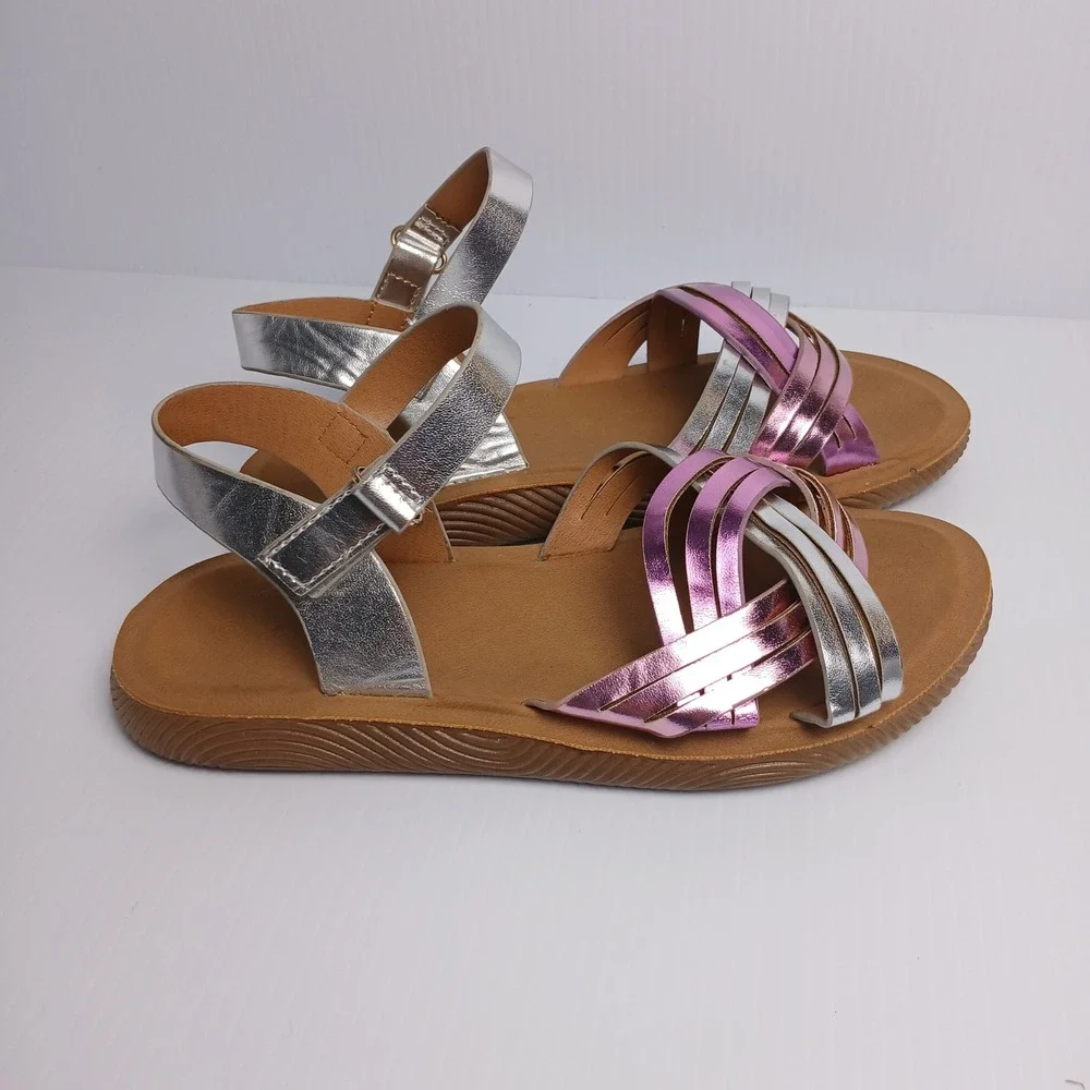 Girls Metallic Strappy Sandals Silver Purple Size 3 Buckle Closure